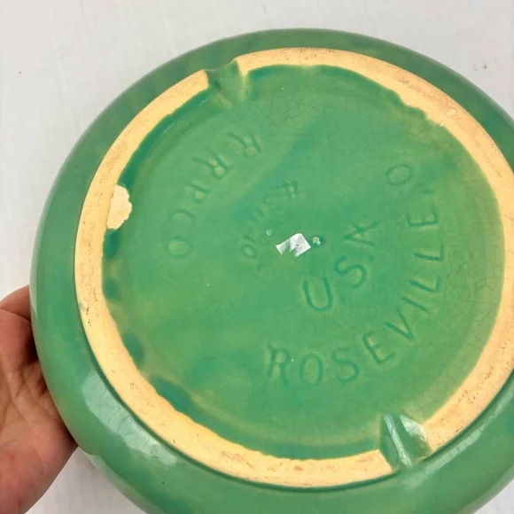VTG round shallow planter by R. Ransbottom Pottery/Roseville OH-green drip glaze - Picture 6 of 11